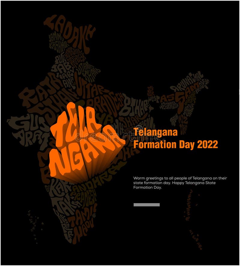 Happy Telangana Formation Day 2022. Telangana Map Typography Stock