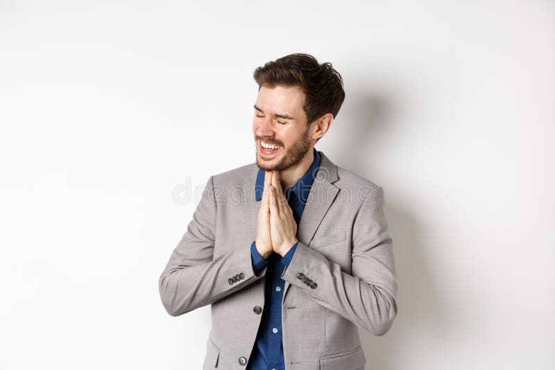 Thankful Businessman with Open Arms at the Field on Sunset. Stock Image ...