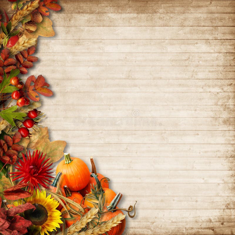 Border with pumpkin and autumn bouquet on a vintage wooden background, with a place for photo and text. Thanksgiving day card. Border with pumpkin and autumn bouquet on a vintage wooden background, with a place for photo and text. Thanksgiving day card