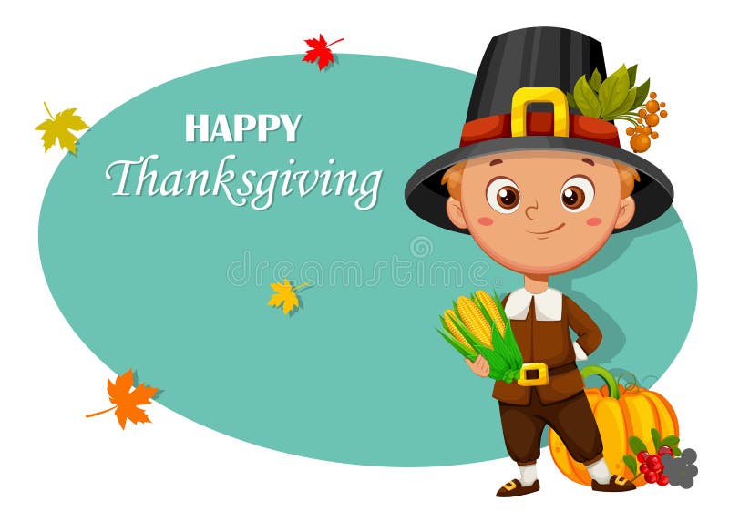 Happy Thanksgiving Day. Cute Little Pilgrim Boy Stock Vector - Illustration  of little, poster: 226253319