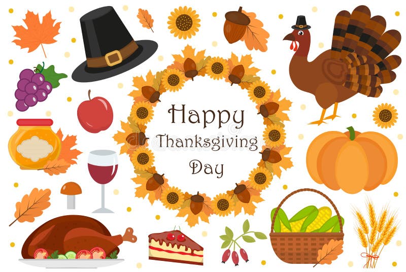 Happy Thanksgiving Day icon set, flat, cartoon style. Harvest festival collection design elements with turkey, pumpkin