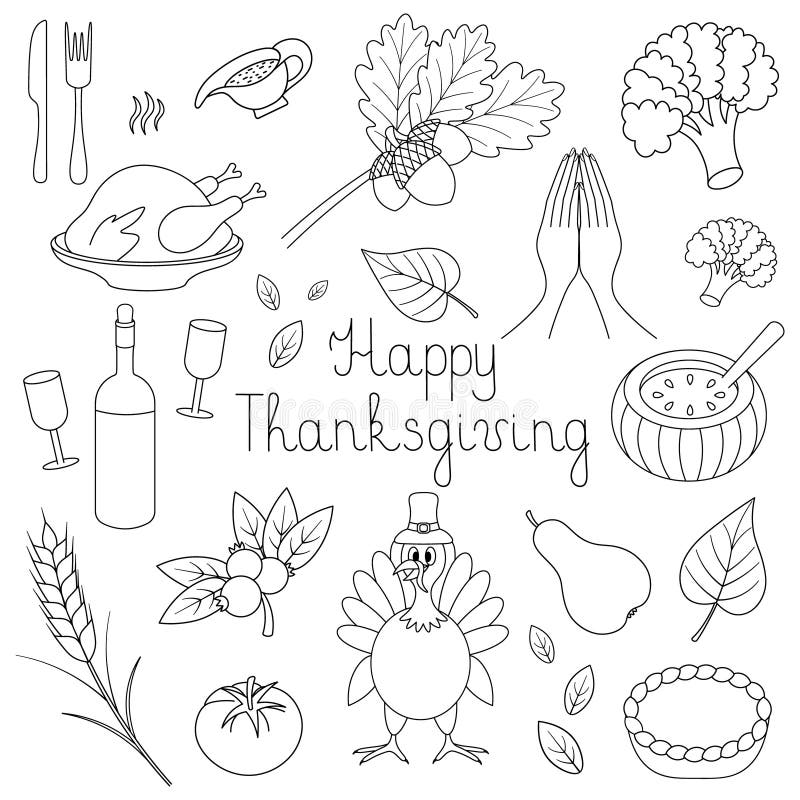 Happy Thanksgiving Day. Sketch. Set of Vector Illustrations. Outline on ...