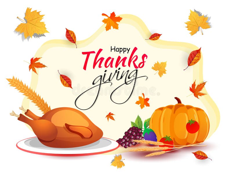 Happy Thanksgiving greeting card design with vegetables, grapes, chicken and autumn leaves. vector illustration Happy Thanksgiving greeting card design with vegetables, grapes, chicken and autumn leaves. vector illustration