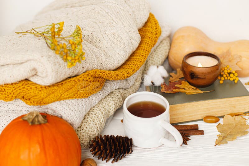 Happy Thanksgiving. Warm tea, pumpkins, cozy sweaters, autumn leaves, candle and book