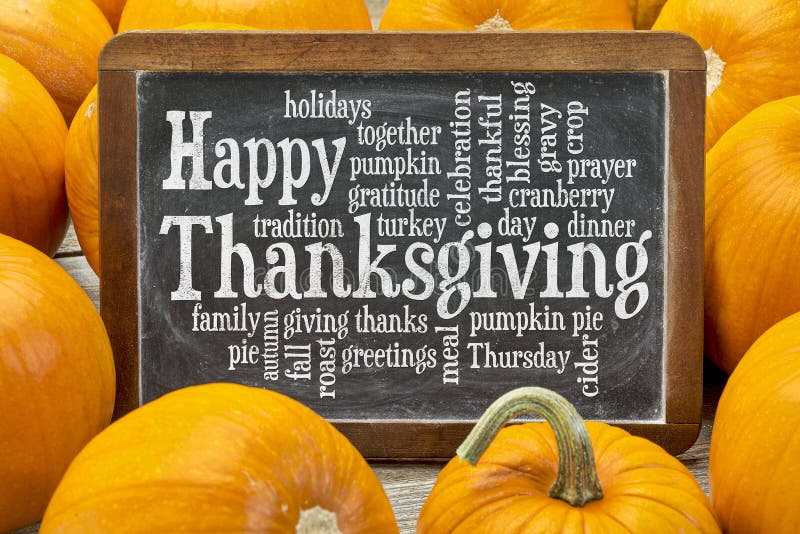 Happy Thanksgiving word cloud on a vintage slate blackboard surrounded by pumpkins