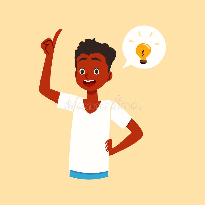 Happy thinking child boy with light of idea a flat cartoon vector illustration stock illustration