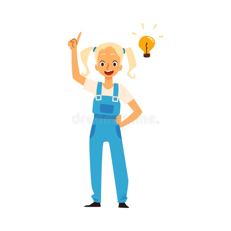 Happy thinking child girl with light of idea a vector isolated illustration. stock illustration