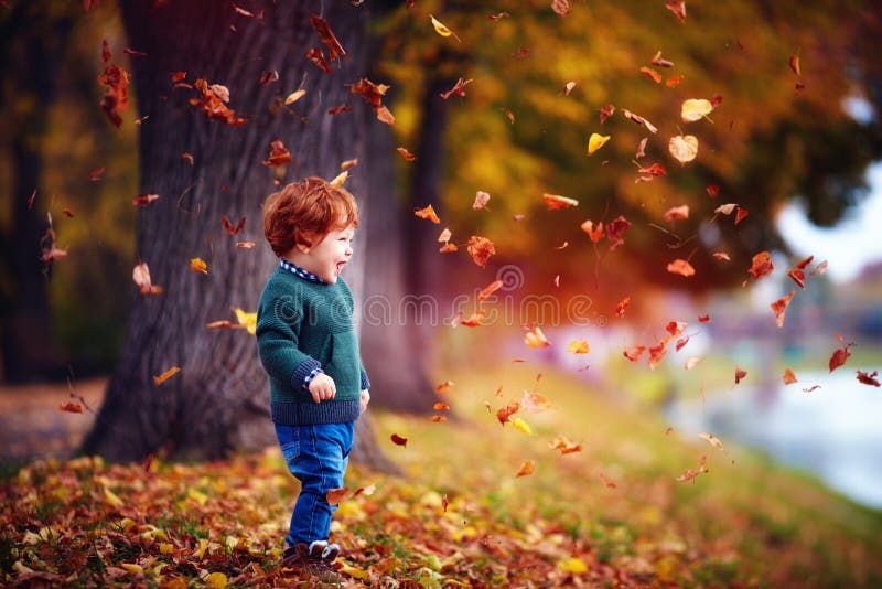 happy redhead toddler baby boy having fun, playing with fallen leaves in autumn park