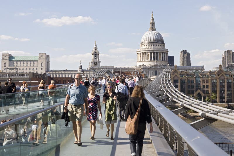 Happy tourists crossing millenium bridge