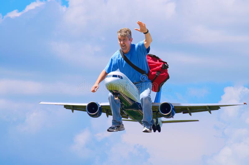 Happy traveler traveling man riding airplane stock photos