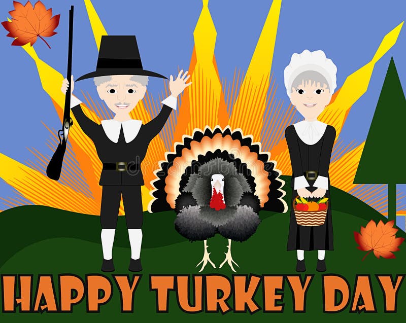 Happy Turkey Day Scene with Pilgrims and Turkey Stock Illustration