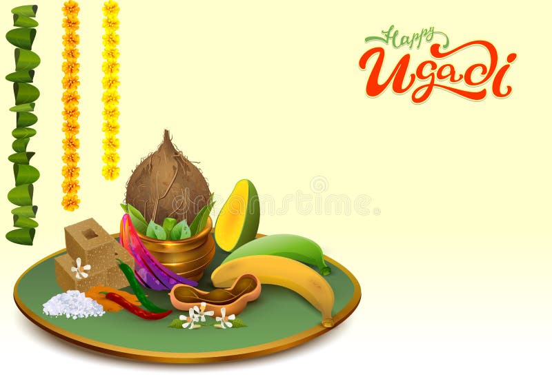 Happy Ugadi. Template greeting card Set Holiday accessories. Gold pot, coconut, sugar, salt, pepper, banana, mango vector illustration Happy Ugadi. Template greeting card Set Holiday accessories. Gold pot, coconut, sugar, salt, pepper, banana, mango vector illustration