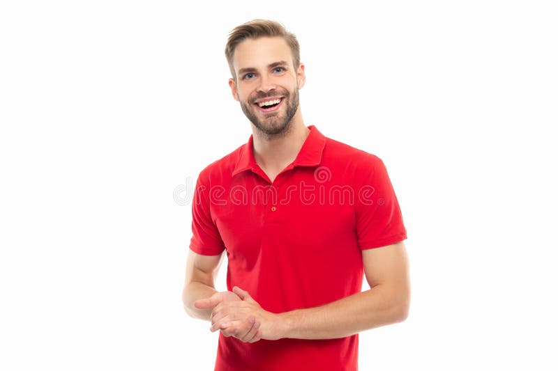 Happy Unshaven Man with Stubble in Red Shirt. Stubble Man Wearing Red