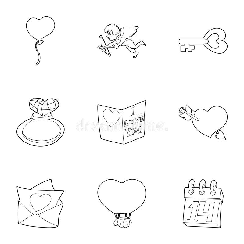 Happy valentine day icons set, outline style