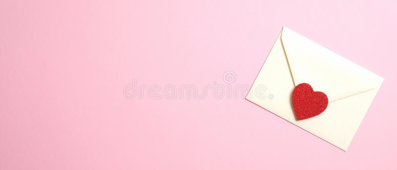 Happy Valentine`s Day banner with romantic love letter and red heart on pink background. Flat lay, top view, copy space