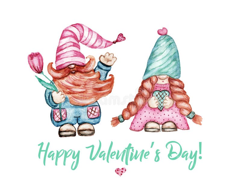 Happy Valentine&x27;s Day card with two cute scandinavian gnomes