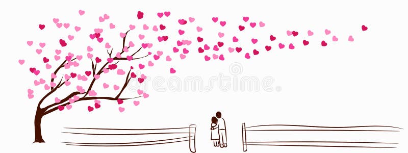 Happy Valentine\ s Day concept. Flat art illustration abstract background. Tree of love pink and red. Blown heart leaves.