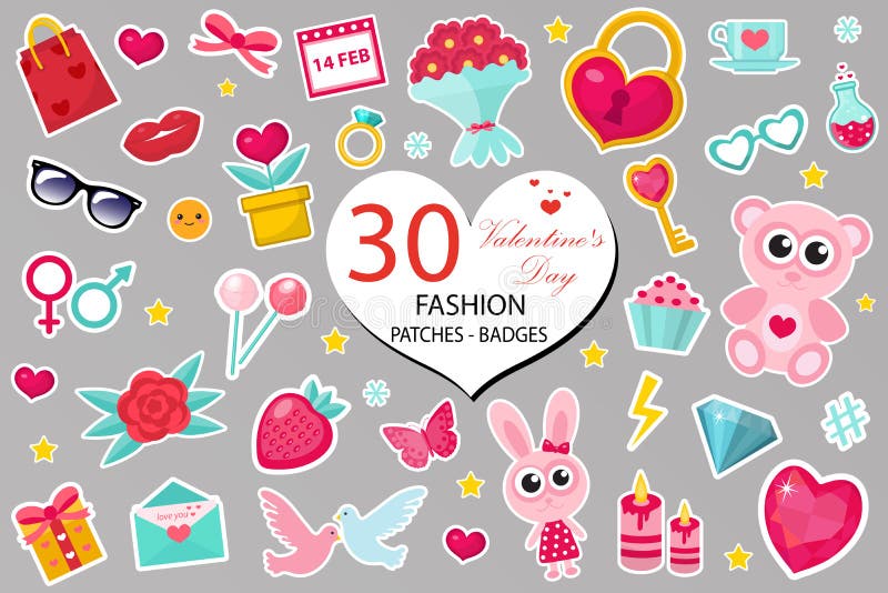 Happy Valentine`s Day fashion icons set or stickers patches 80s comic style. Pins, badges collection cartoon pop art