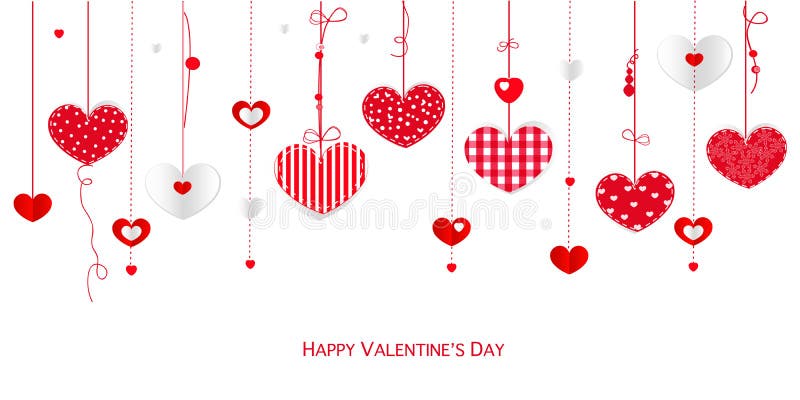 Happy Valentine&x27;s Day greeting card with border design hanging hearts vector background