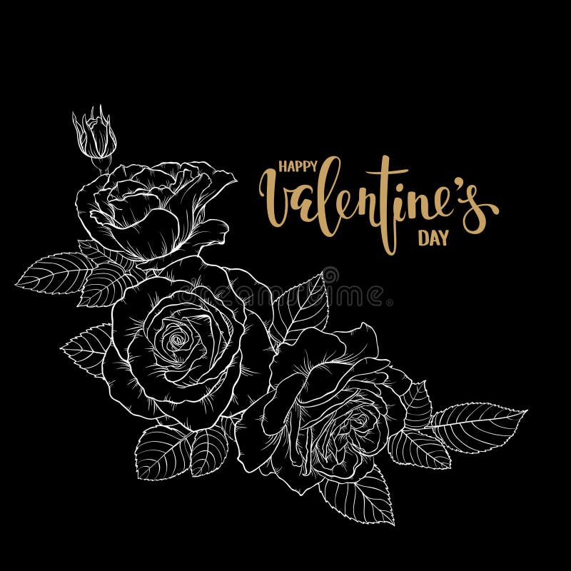 Happy Valentine s day. Hand drawn creative calligraphy and brush pen lettering with border of bouquet roses and leaves. design