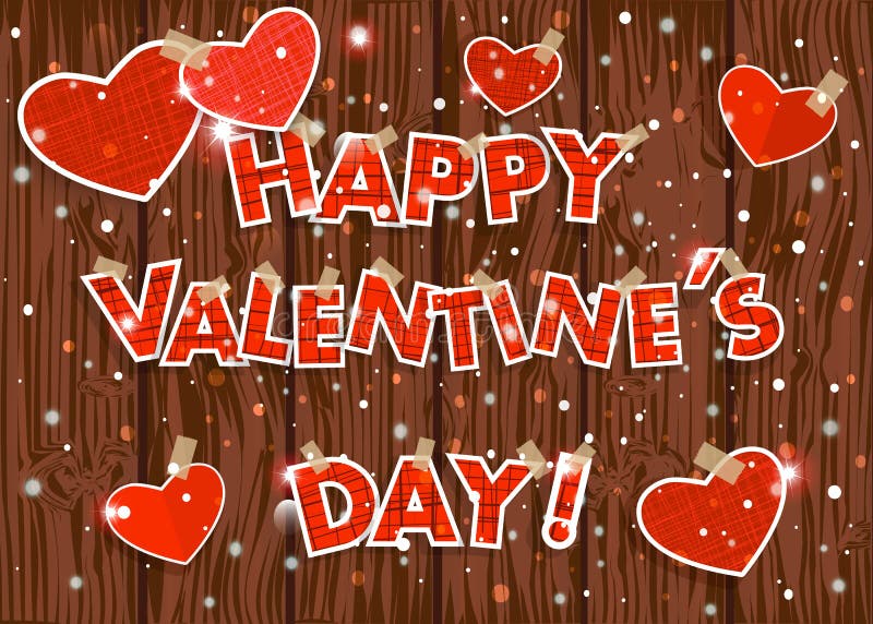 Happy Valentine&x27;s Day! hearts on a wooden vector background .