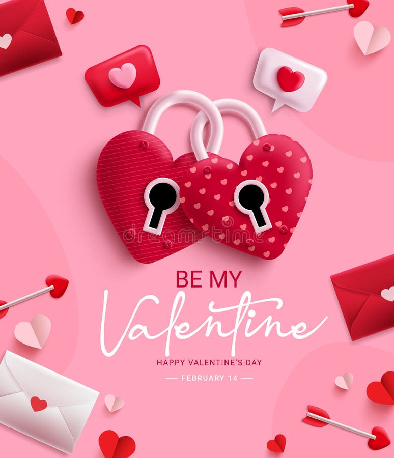 Happy valentine`s day vector design. Be my valentine text with heart padlock love elements symbol.