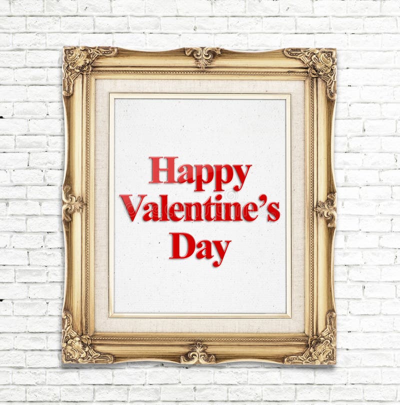 Happy Valentine s Day word in golden vintage photo frame on white brick wall,Love concept.