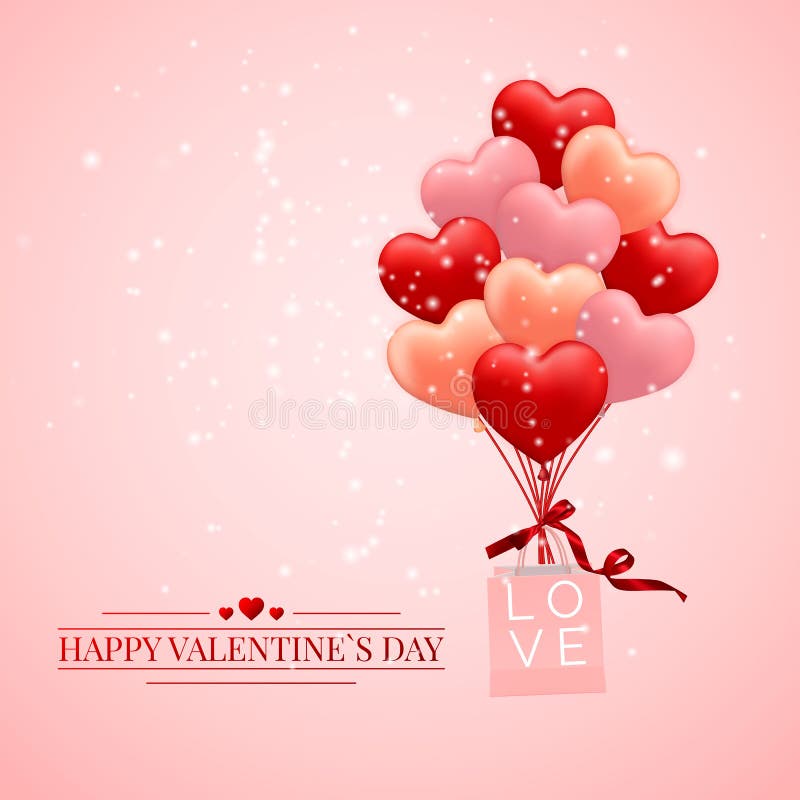 Happy Valentines Day background, red, pink and orange balloon in form of heart with bow and ribbon and Paper shopping bag. Vector