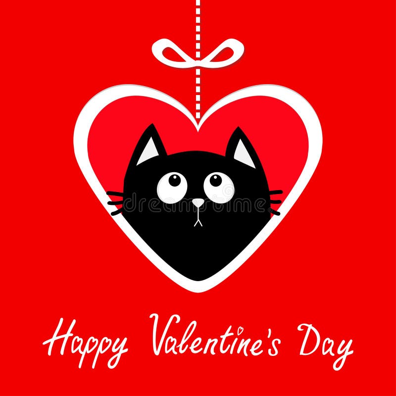 Happy Valentines Day. Big paper heart hangin on dash line with bow. Black cat kitten looking up. Cute cartoon funny animal charact