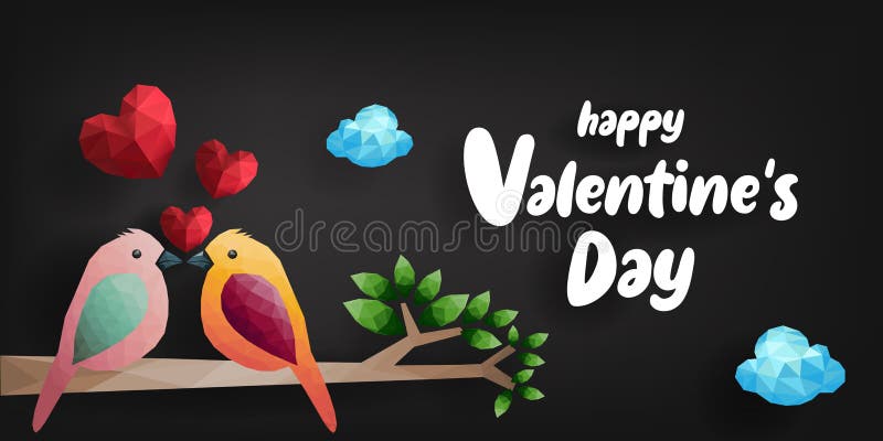 Happy Valentines day. Birds and hearts on branch from polygonal shapes, vector illustration