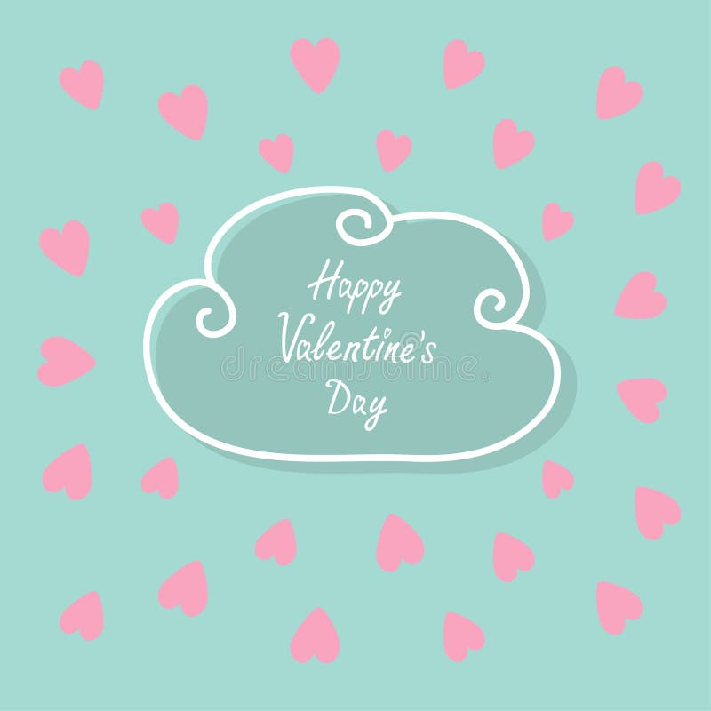 Happy Valentines Day. Love card. Cloud contour line frame. Heart set. Flat design Pink, blue color background