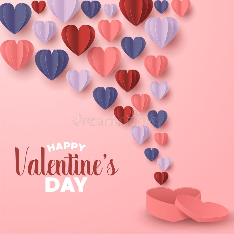 Happy valentines day paper cut style with colorful heart shape in pink background