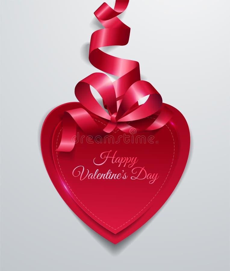 Happy valentines day with red paper heart and ribbon on white background