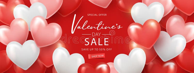 Happy Valentines Day sale banner. Holiday background with frame made of realistic 3d hearts red, pink and white colors.