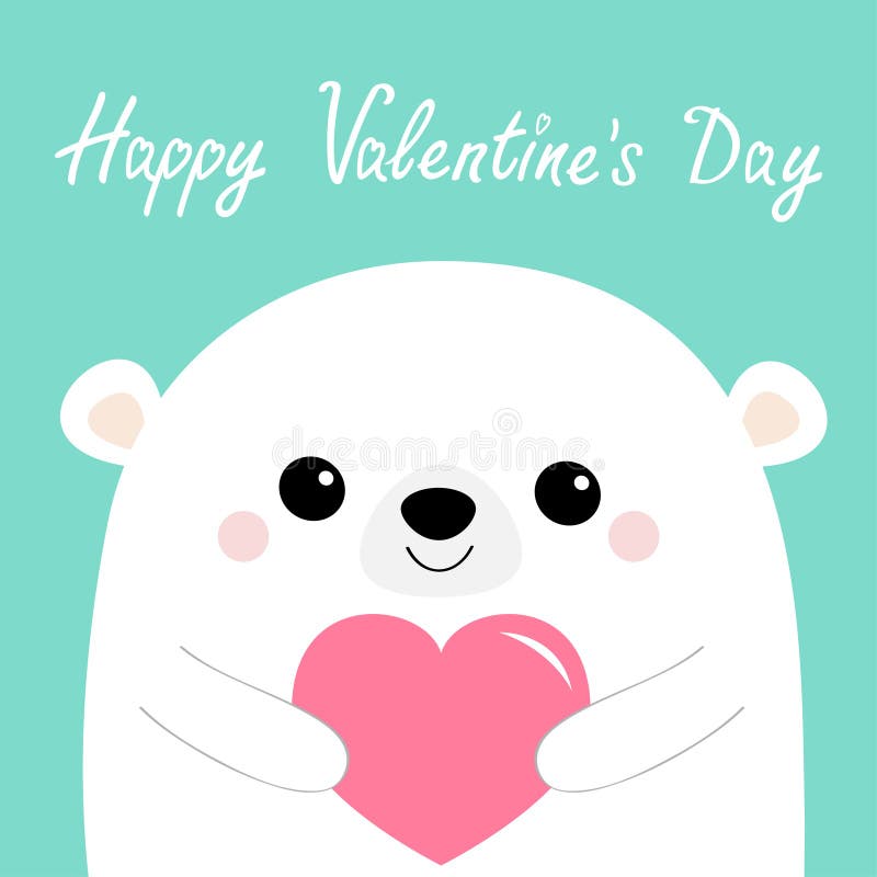 Happy Valentines Day. White Bear Head Face Holding Pink Heart. Love ...