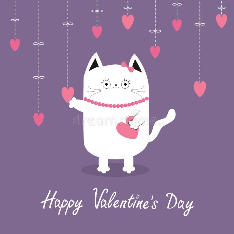 Happy Valentines Day. White cat Hanging pink hearts. Dash line. Heart set Cute cartoon character. Kawaii animal. Love Greeting car