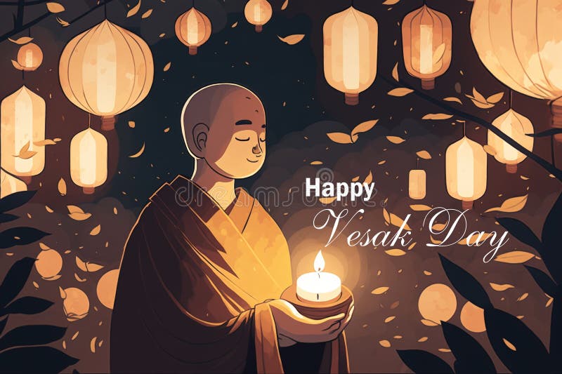 Happy Vesak Day, Buddha day. A monk with a candle AI Generation