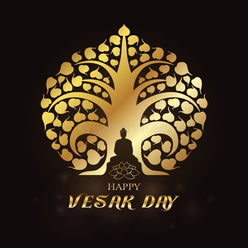 Happy Vesak day - Gold Buddha under Bodhi Tree and lotus art vector design