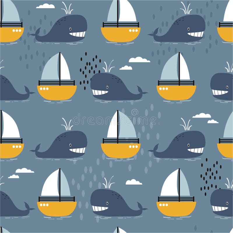 Happy whales and boats, colorful seamless pattern. Decorative cute background with fishes