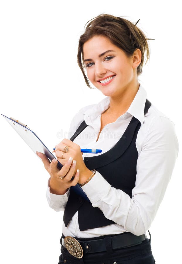 Happy woman with big smile write on tablet,look at camera, isolated on white