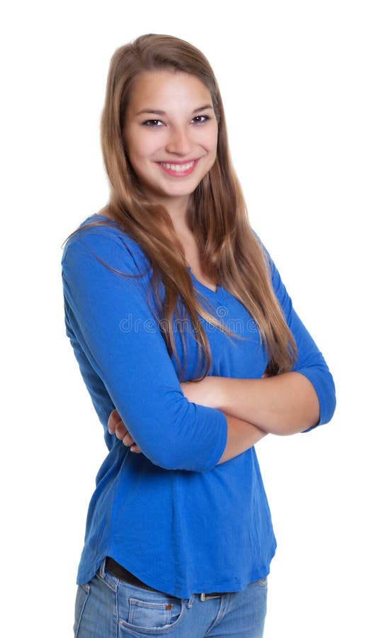 Happy Woman in a Blue Shirt with Crossed Arms Stock Image - Image of ...