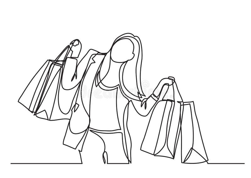 Happy Woman Carrying Shopping Bags - Continuous Line Drawing Stock