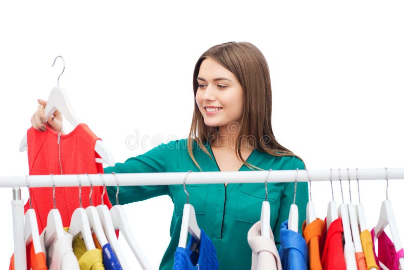Happy Woman Choosing Clothes At Home Wardrobe Stock Image Image Of