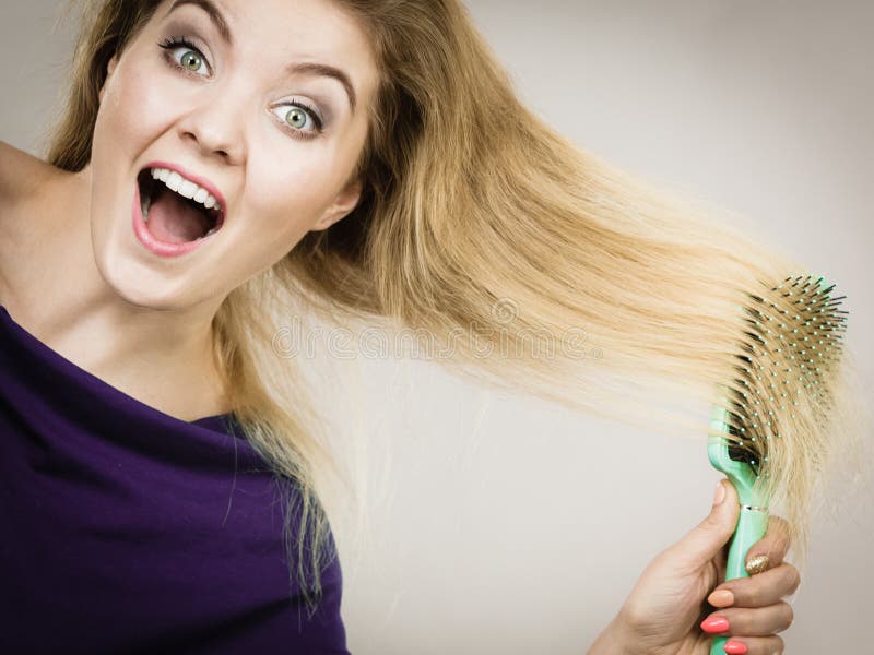 Woman Brushing Her Long Hair With Brush Stock Photo Image Of Damaged