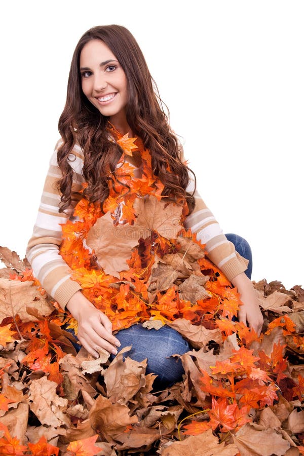 Happy Woman Covered with Autumn Leaves Stock Photo Image of happiness
