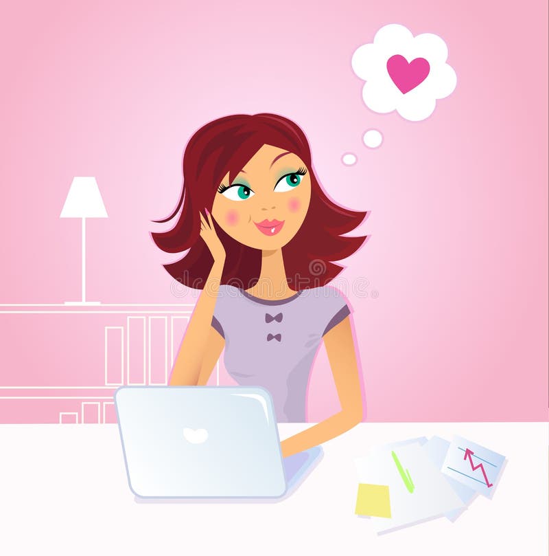 Happy Woman Daydreaming About Love In Office Stock Vector