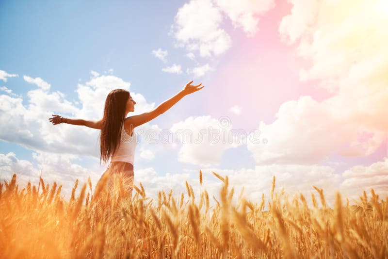 Happy Woman Enjoying the Life in the Field. Nature Beauty, Blue Sky ...