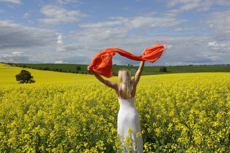Happy woman flailing scarf in a field of flowering canola in spring stock image Happy woman flailing scarf in a field of flowering canola in spring stock image