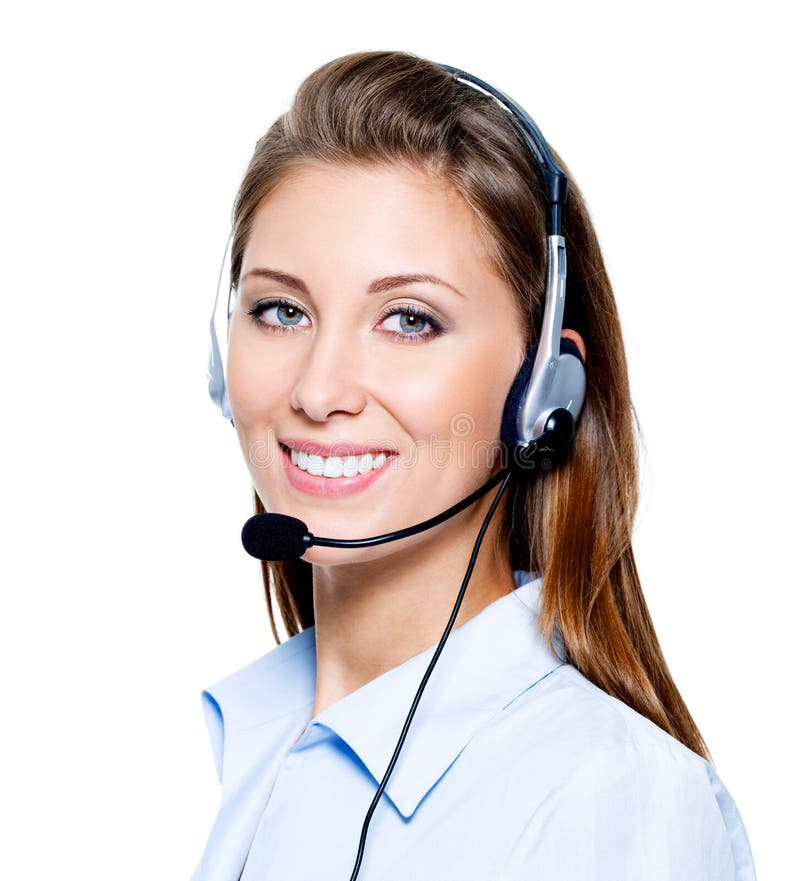 Face of beautiful smiling happy woman in headset