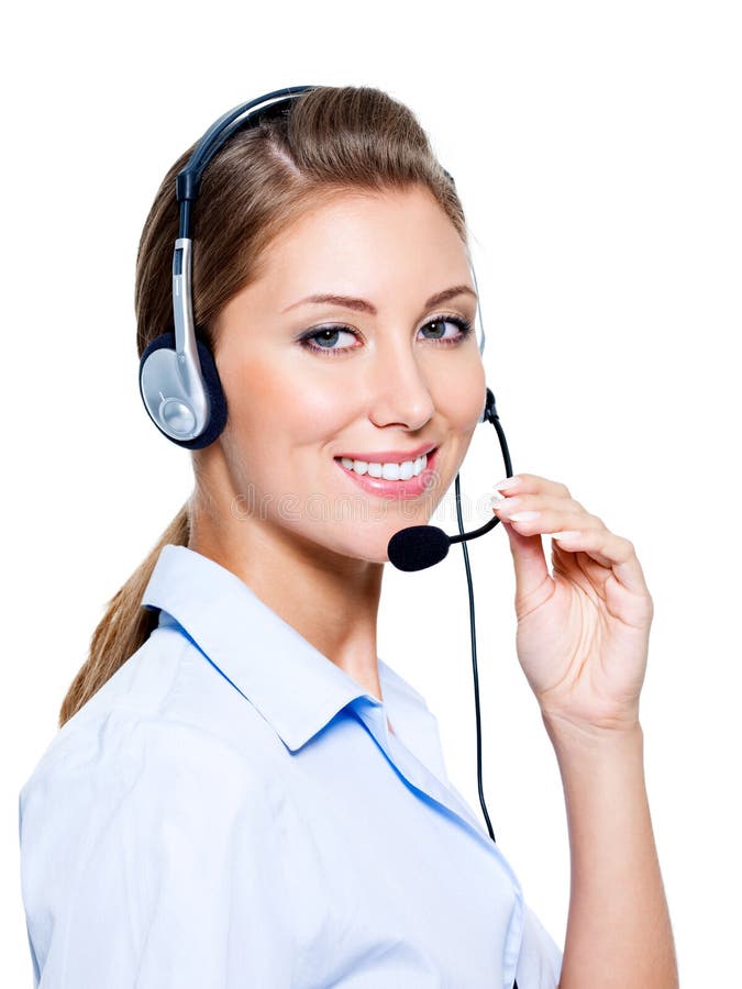 Face of beautiful smiling happy woman in headset